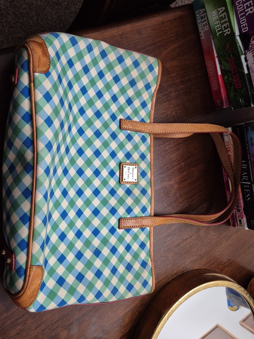 Dooney & Bourke Blue and Green Gingham Leather-Trim Tote
